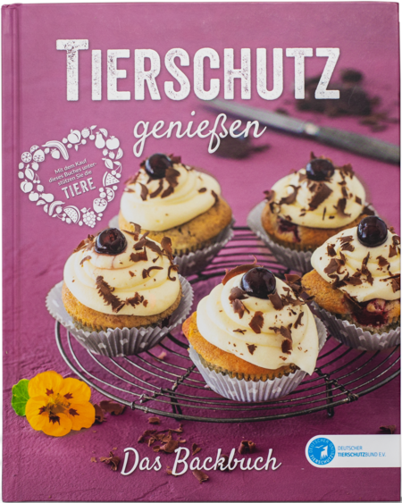 Cover des Backbuchs "Tierschutz genießen", auf dem mehrere Cupcakes auf einem Küchengitter stehen