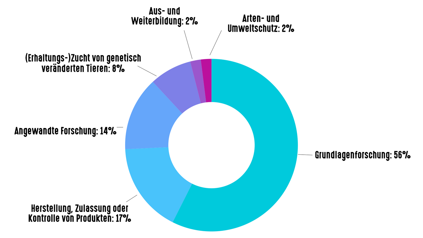 Ein Tortendiagramm zeigt, zu welchen Zwecken Tierversuche in 2021 durchgeführt wurden