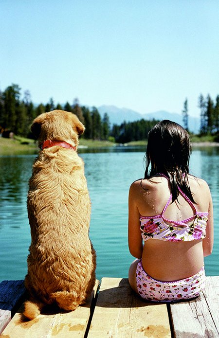 Auf einem Holzsteg am See sitzen ein brauner Hund und ein Mädchen nebeneinander mit dem Rücken zur Kamera. 