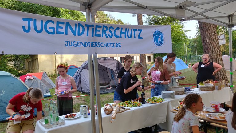 Beim Summercamp des Jugendtierschutzes hängt in einem Veranstaltungszelt ein Banner. 