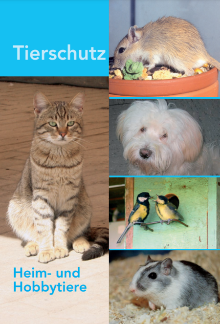 Cover des Buchs "Tierschutz: Heim- und Hobbytiere", das Fotos verschiedener Haustiere wie Hund und Katze zeigt.