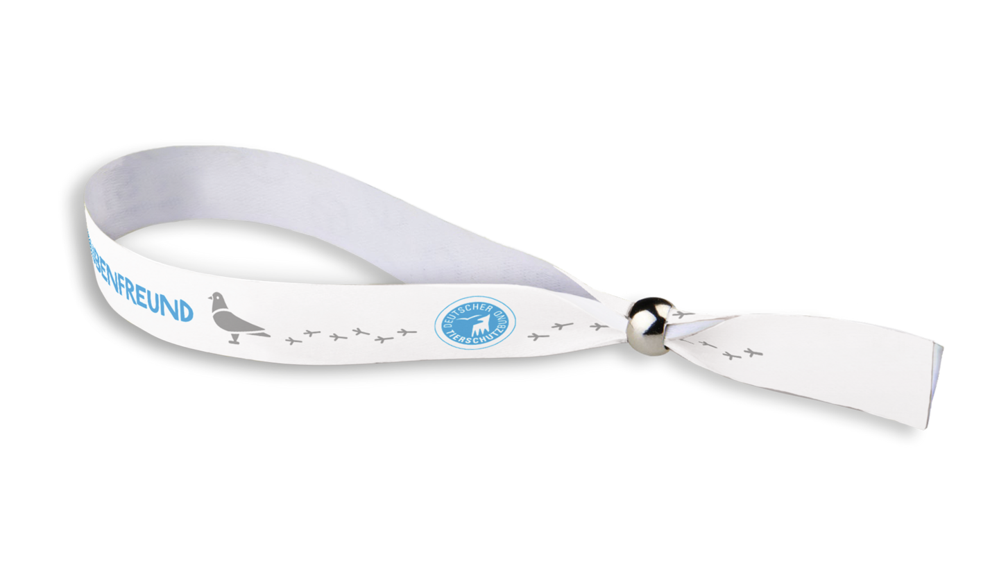 Weißes Armband mit dem Aufdruck "Taubenfreund"